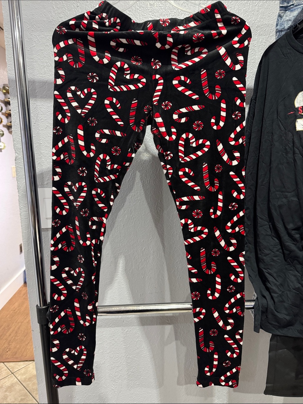 No Boundaries Black Leggings with Red & White Candy Cane Print